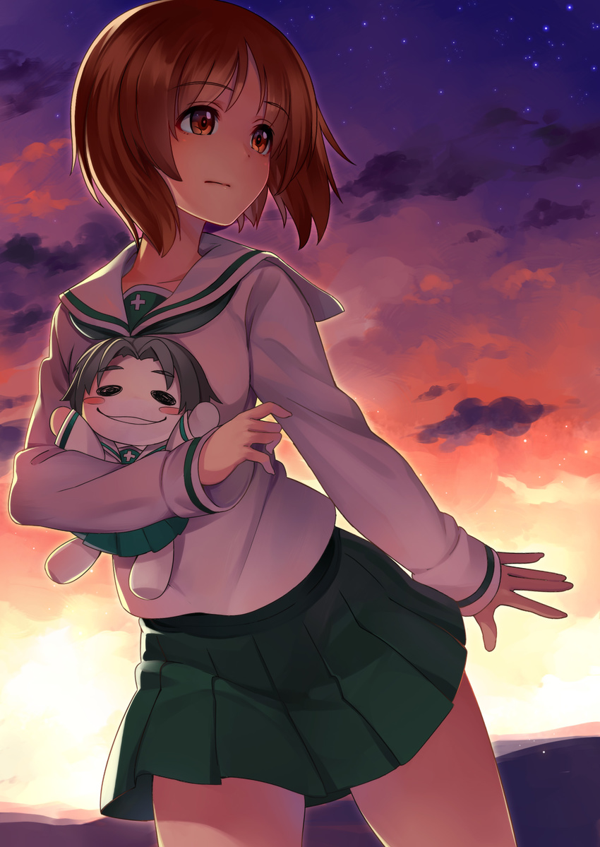 bangs blouse brown_eyes brown_hair closed_mouth cloud cloudy_sky commentary_request cowboy_shot doll dusk girls_und_panzer green_skirt highres holding long_sleeves looking_to_the_side miniskirt neckerchief night night_sky nishizumi_miho ooarai_school_uniform pleated_skirt sawa_azusa school_uniform serafuku short_hair skirt sky solo standing white_blouse yuuten