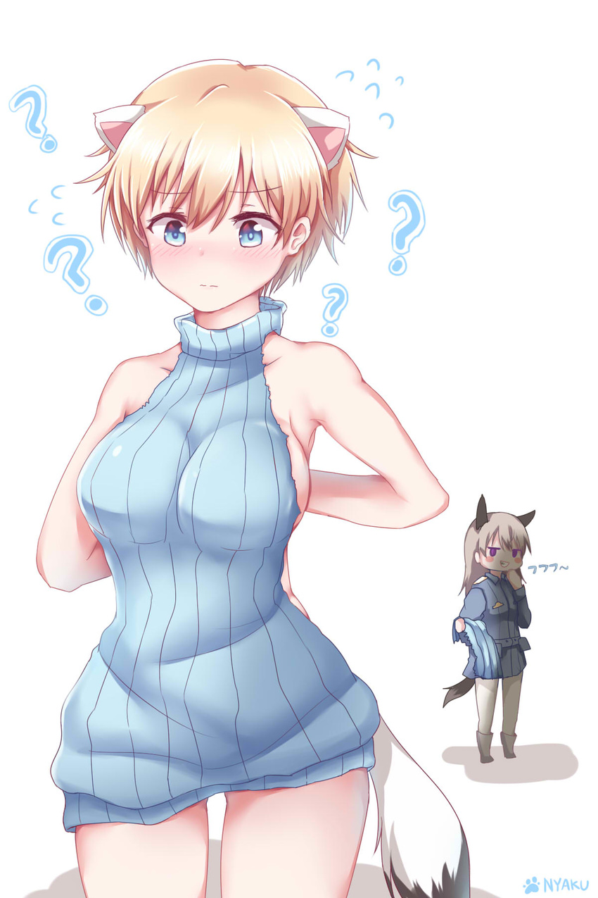 ? adapted_costume animal_ears artist_name ass_visible_through_thighs backless_dress backless_outfit bangs bare_shoulders blonde_hair blue_eyes blue_sweater blush blush_stickers boots brave_witches breasts closed_mouth collarbone cowboy_shot dress eila_ilmatar_juutilainen ermine ermine_ears ermine_tail eyebrows_visible_through_hair flying_sweatdrops halterneck hand_to_own_mouth hand_up highres large_breasts legs_apart long_hair long_sleeves looking_at_viewer meme_attire military military_uniform multiple_girls naked_sweater nikka_edvardine_katajainen no_bra nyaku pantyhose ponytail ribbed_sweater short_hair sideboob simple_background sleeveless smile smirk standing strike_witches sweater sweater_dress tail torn_clothes torn_sweater turtleneck turtleneck_sweater uniform virgin_killer_sweater white_background white_legwear world_witches_series