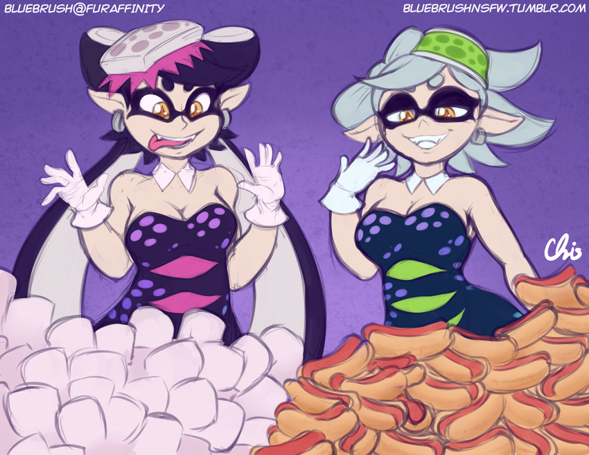 big_breasts bluebrush breasts callie cephalopod cleavage clothed clothing ear_piercing food inkling marie marine nintendo open_mouth piercing pointy_ears splatoon squid squid_sisters tongue video_games yellow_eyes
