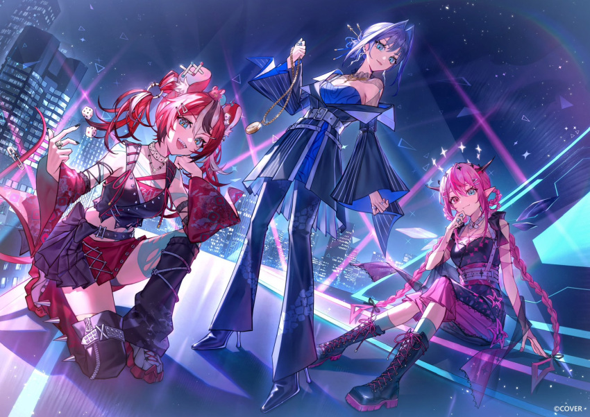 3girls :3 :d animal_ear_piercing animal_ears asymmetrical_legwear asymmetrical_wings belt bilingual_commentary black_belt black_boots black_dress black_hair black_skirt blue_eyes blue_hair blue_jacket blue_pants blue_shirt blue_shoes boots braid braided_hair_rings breasts cityscape closed_mouth collar colored_shoe_soles colored_tips commentary copyright_notice corset cranee crop_top crystal_wings detached_hair detached_sleeves detached_wings dice dice_hair_ornament double_halo dress earrings english_commentary extra_ears fanged_bangs full_body grey_socks hair_flaps hair_ornament hair_rings hairclip hakos_baelz halo hand_up heterochromia high_heels highres holding holding_pocket_watch hololive hololive_english holopromise horns irys_(hololive) jacket jewelry knee_boots kneehighs lace-up_boots leg_warmers long_hair looking_at_viewer miniskirt mismatched_wings mixed-language_commentary mouse_ears mouse_girl mouse_on_head mouse_tail mr._squeaks_(hakos_baelz) multicolored_hair multicolored_skirt multiple_girls nail_polish necklace night official_alternate_costume official_art on_one_knee open_mouth ouro_kronii outdoors pants pants_under_dress pendant pink_eyes pink_hair pleated_pants pleated_skirt pocket_watch purple_corset purple_eyes purple_hair purple_pants quad_hair_rings red_hair red_sleeves ring see-through_clothes see-through_shawl sharp_teeth shawl shirt shoes short_hair single_off_shoulder single_strap sitting skirt sleeveless sleeveless_dress smile snake_print sneakers socks standing star-shaped_pupils star_(symbol) star_hair_ornament streaked_hair symbol-shaped_pupils tail teeth triangle_hair_ornament twin_braids uneven_legwear very_long_hair virtual_youtuber watch white_collar white_hair white_shoes wide_sleeves wings