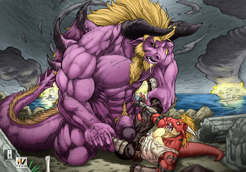 2017 abs anthro anubis-kruger beard behemoth belly belt biceps big_biceps big_muscles big_penis black_pants blonde_hair body_hair chest_hair claws clothing cloud delga detailed_background dragon duo erection facial_hair final_fantasy front_view gloves hair hand_on_leg holding_object horn humanoid_penis kneeling larger_male long_hair lying male markings muscular muscular_male nexus on_back open_mouth outside pants pecs penis pillar pose pubes purple_nose purple_skin red_nose red_skin reptile saliva scalie sharp_teeth shirt sideburns size_difference sky smaller_male spread_legs spreading square_enix storm symbol tank_top tattoo teeth thick_penis thick_tail torn_clothing tuft vein veiny_penis video_games water yellow_eyes