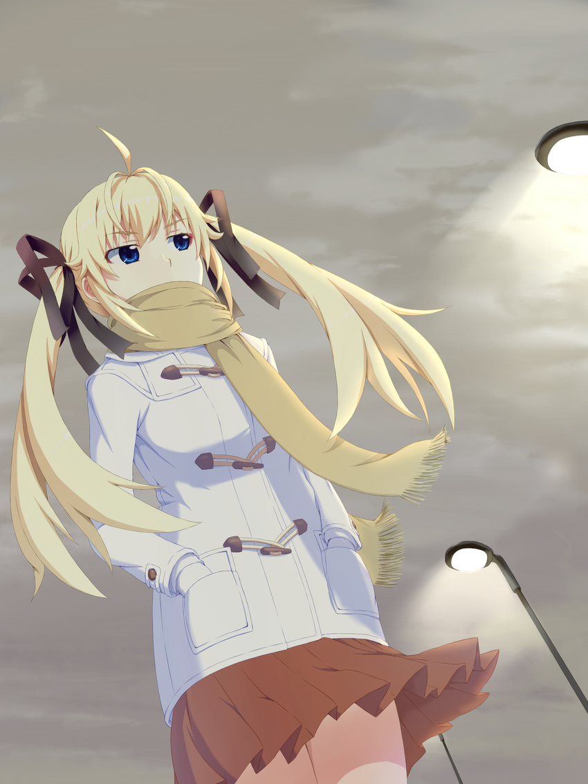 black_ribbon blonde_hair blue_eyes from_below gloves grisaia_(series) grisaia_no_kajitsu hair_ribbon hands_in_pockets highres long_hair maagon matsushima_michiru outdoors pleated_skirt red_skirt ribbon scarf scarf_over_mouth skirt solo twintails white_gloves yellow_scarf