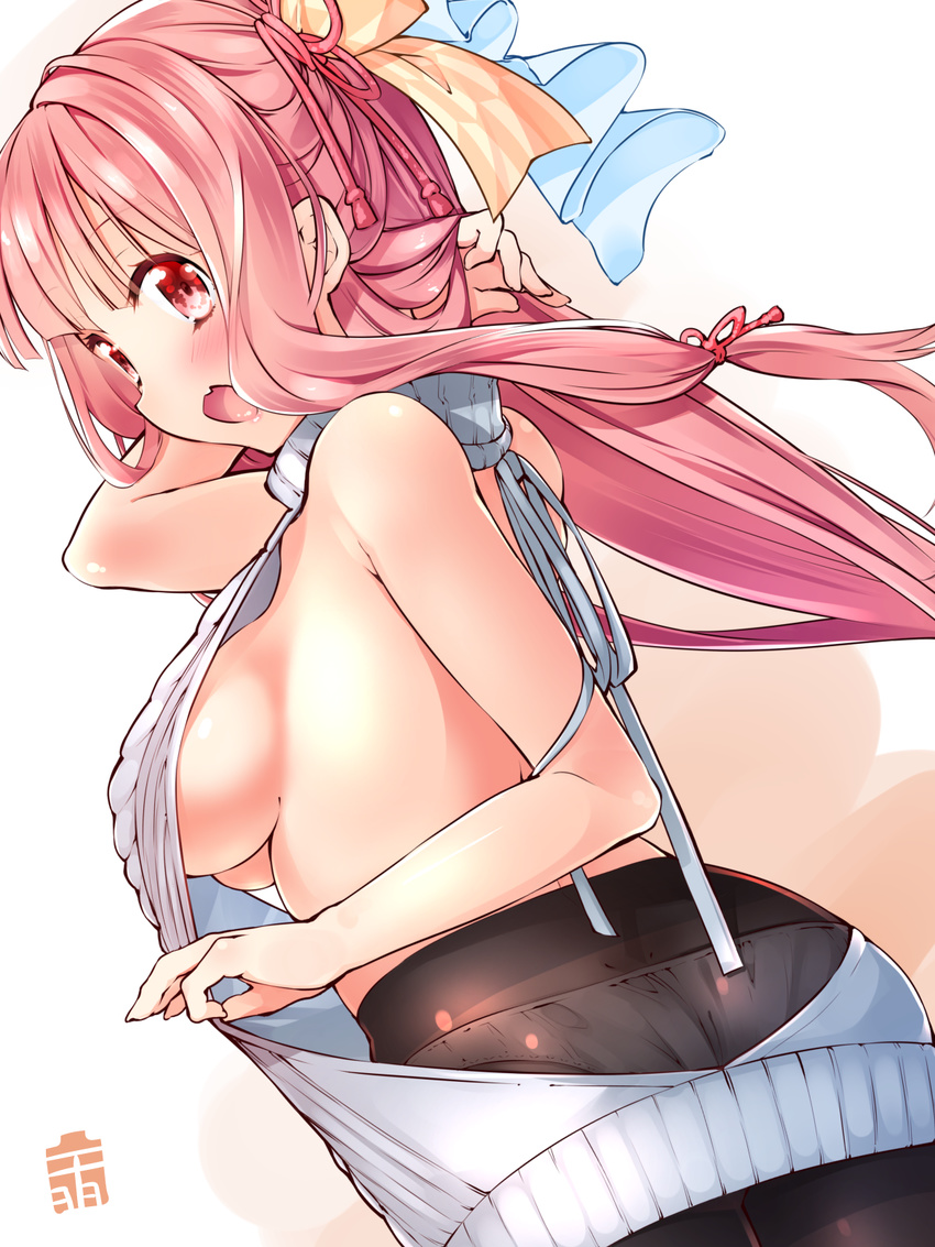 backless_dress backless_outfit bangs black_legwear blunt_bangs blush breasts dress hair_ribbon halterneck highres kotonoha_akane large_breasts long_hair looking_at_viewer meme_attire open_mouth panties panties_under_pantyhose pantyhose pink_hair ribbon shirasagi_rokuwa sideboob smile solo sweater sweater_dress turtleneck underwear virgin_killer_sweater voiceroid white_panties