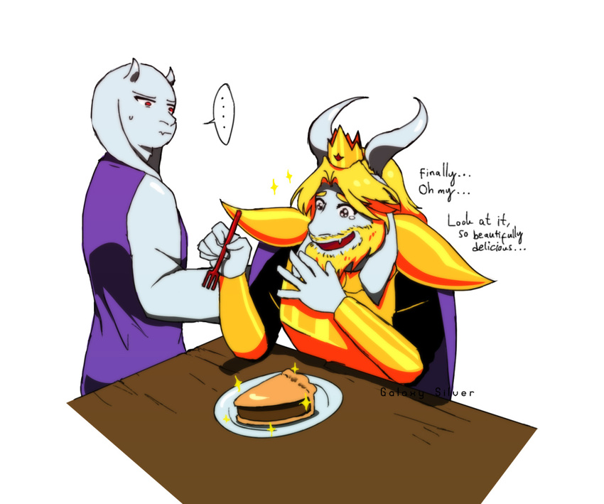 armor asgore_dreemurr beard boss_monster caprine crown crying duo english_text facial_hair fangs food fork fur galaxysilver goat horn long_ears mammal pie red_eyes simple_background table tears text toriel undertale video_games white_background white_fur