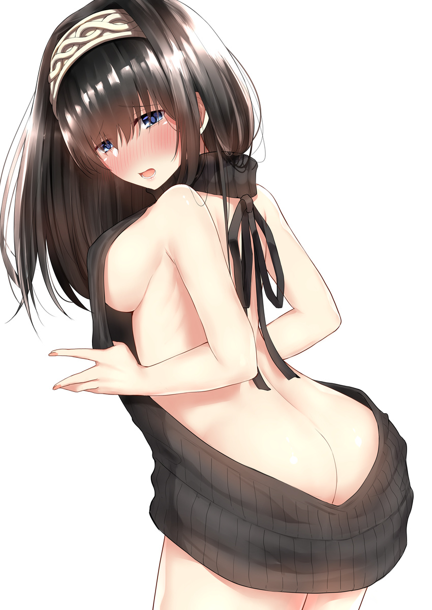 absurdres ass back backless_outfit bangs bare_back bare_shoulders black_hair black_sweater blue_eyes blush breasts butt_crack cowboy_shot d: embarrassed eyebrows_visible_through_hair from_behind full-face_blush go-1 highres idolmaster idolmaster_cinderella_girls leaning_forward long_hair looking_at_viewer looking_back medium_breasts meme_attire naked_sweater open_mouth raised_eyebrows sagisawa_fumika sideboob simple_background sleeveless solo standing sweater turtleneck turtleneck_sweater virgin_killer_sweater white_background
