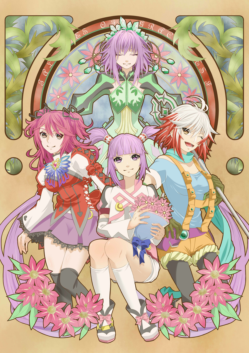 4girls ahoge breasts cheria_barnes detached_sleeves dress eyes_closed flower gloves jewelry little_queen long_hair multicolored_hair multiple_girls one_eye_closed open_mouth pants pascal pink_hair purple_eyes purple_hair ribbon shoes short_hair short_shorts shorts skirt smile socks sophie_(tales) staff tales_of_(series) tales_of_graces thighhighs twintails very_long_hair weapon white_hair wide_sleeves wink