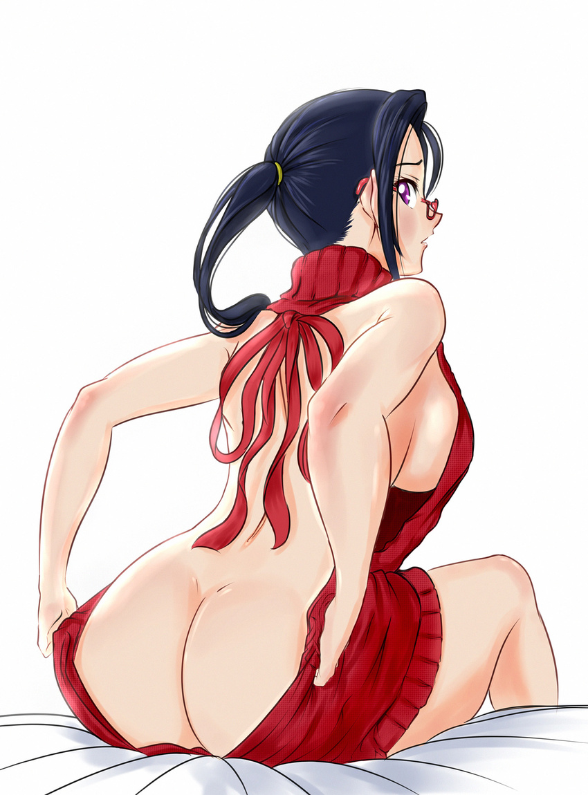 ass backless_outfit bare_back bare_shoulders bed blue_hair breasts butt_crack demi-chan_wa_kataritai glasses highres huge_breasts long_hair looking_at_viewer looking_back md5_mismatch meme_attire naked_sweater ponytail purple_eyes red-framed_eyewear satou_sakie simple_background sitting solo sweater thighs viperxtr virgin_killer_sweater white_background