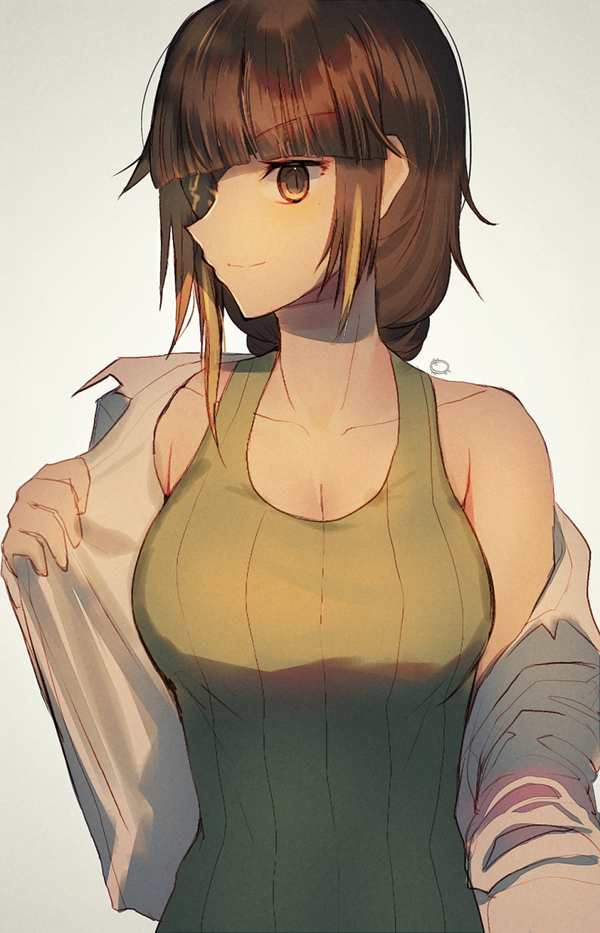 1girl blonde_hair breasts brown_eyes brown_hair collarbone eyepatch girls_frontline grey_background highres long_hair looking_at_viewer m16a1_(girls_frontline) medium_breasts multicolored_hair open_clothes open_shirt opened_by_self simple_background solo streaked_hair upper_body xanax025