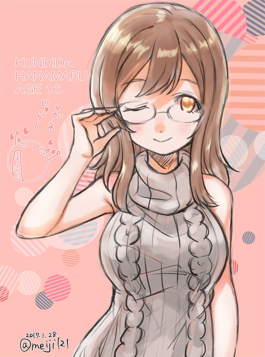 2017 ;) aran_sweater bare_shoulders bespectacled breasts brown_hair character_age character_name circle dated dress glasses hand_on_eyewear heart highres kunikida_hanamaru large_breasts looking_at_viewer love_live! love_live!_sunshine!! meiji_(mosamoo3) meme_attire one_eye_closed pink_background sleeveless sleeveless_dress sleeveless_turtleneck smile solo striped sweater sweater_dress translated turtleneck twitter_username upper_body virgin_killer_sweater yellow_eyes