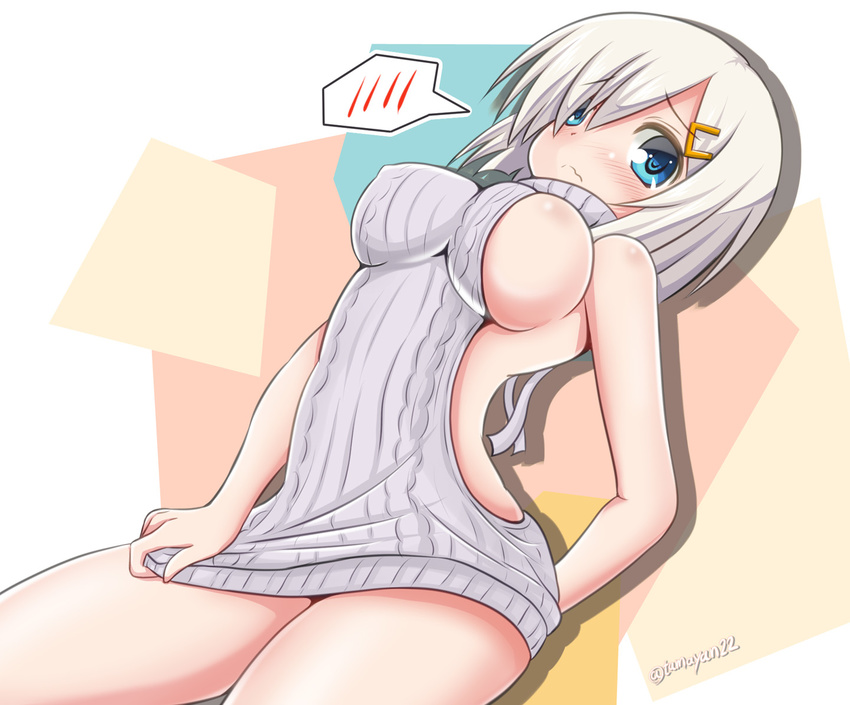 alternate_costume backless_outfit bare_shoulders blue_eyes breasts cowboy_shot dress dress_tug grey_hair hair_ornament hair_over_one_eye hairclip halterneck hamakaze_(kantai_collection) kantai_collection large_breasts looking_at_viewer meme_attire no_bra ribbed_dress solo spoken_blush sweater tamayan virgin_killer_sweater