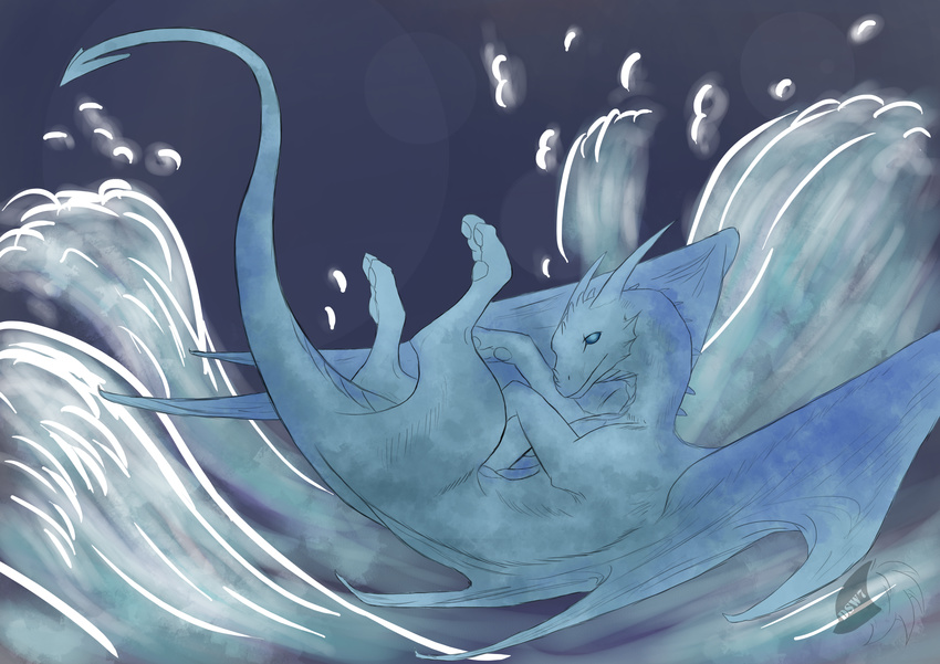 ambiguous_gender colored_sketch digital_media_(artwork) dragon dsw7 feral horn membranous_wings nude paws simple_background solo spread_wings water wings