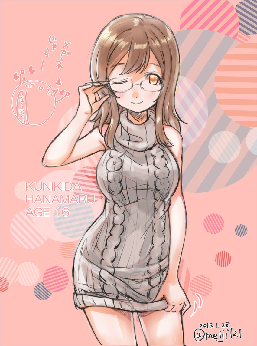 2017 ;) aran_sweater bare_shoulders bespectacled breasts brown_hair character_age character_name circle clothes_grab commentary_request cowboy_shot dated dress dress_removed glasses hand_on_eyewear heart highres kunikida_hanamaru large_breasts looking_at_viewer love_live! love_live!_sunshine!! meiji_(mosamoo3) meme_attire one_eye_closed pink_background sleeveless sleeveless_dress sleeveless_turtleneck smile solo striped sweater sweater_dress translated turtleneck twitter_username virgin_killer_sweater yellow_eyes