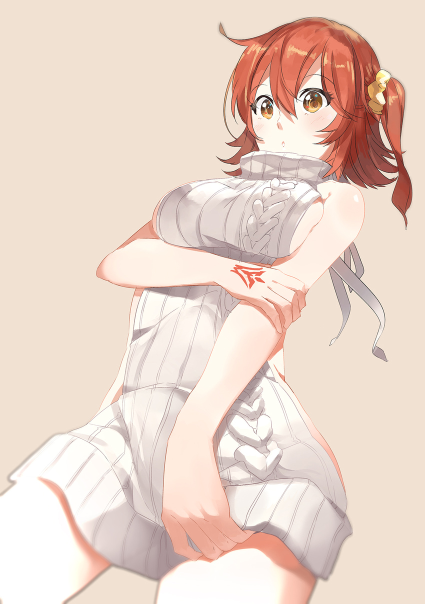 :o aran_sweater backless_dress backless_outfit bangs blurry blush breasts brown_background command_spell commentary cowboy_shot depth_of_field dress dutch_angle eyebrows_visible_through_hair fare fate/grand_order fate_(series) from_below fujimaru_ritsuka_(female) hair_between_eyes hair_ornament hair_scrunchie halterneck hand_on_own_arm highres large_breasts looking_at_viewer meme_attire naked_sweater orange_eyes parted_lips raised_eyebrows red_hair ribbed_sweater scrunchie short_hair side_ponytail sideboob simple_background solo sweater sweater_dress turtleneck turtleneck_sweater virgin_killer_sweater yellow_scrunchie