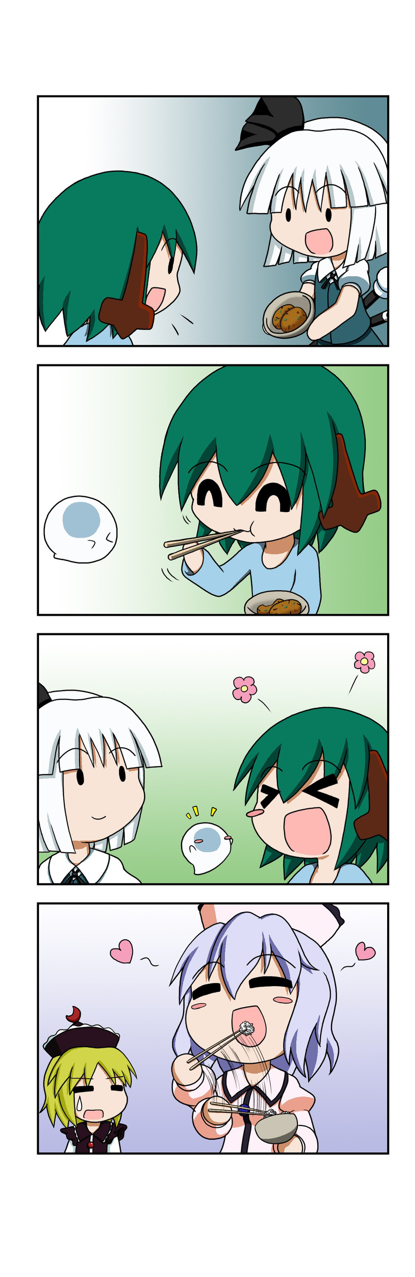 &gt;_&lt; 4koma :d =_= absurdres animal_ears blonde_hair blue_hair blush_stickers bowl cherry_blossoms chibi chopsticks closed_eyes comic crescent eating food green_hair hair_ribbon hat heart highres kasodani_kyouko konpaku_youmu konpaku_youmu_(ghost) lunasa_prismriver merlin_prismriver motion_lines multiple_girls open_mouth rakugaki-biyori ribbon rice silent_comic smile solid_oval_eyes sweatdrop touhou white_hair xd