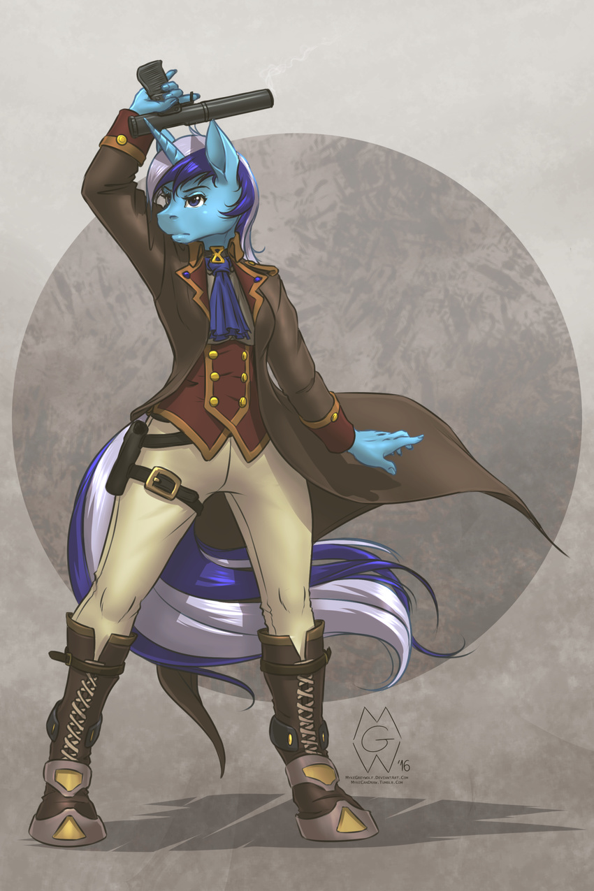 2016 anthro anthrofied boots clothing colgate_(mlp) equine footwear friendship_is_magic gun horn mammal my_little_pony mykegreywolf ranged_weapon solo steampunk trenchcoat unicorn weapon