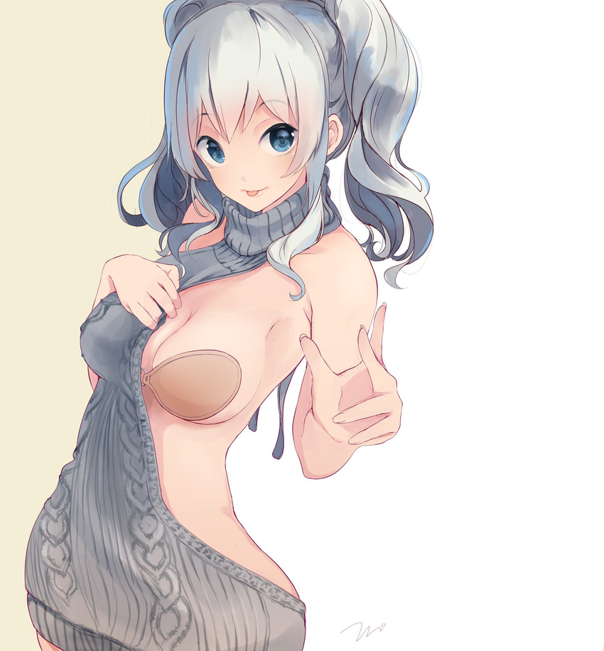 :p alternate_costume armpits backless_outfit bare_arms bare_shoulders blue_eyes bra breasts cleavage closed_mouth clothing_aside collarbone commentary_request eyebrows_visible_through_hair gradient gradient_background grey_sweater highres kantai_collection kashima_(kantai_collection) long_hair looking_at_viewer medium_breasts meme_attire no_headwear orange_bra sidelocks silver_hair sleeveless smile solo strapless strapless_bra sweater tareme tebi_(tbd11) tongue tongue_out turtleneck turtleneck_sweater twintails underwear virgin_killer_sweater