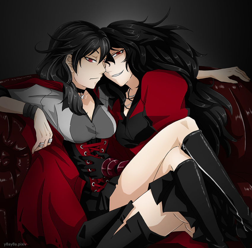 2girls ass_cheeks black_hair breasts brother_and_sister cape choker corset cross genderswap looking_at_viewer multiple_girls necklace on_person qrow_branwen raven_branwen red_eyes ring rwby siblings skirt smile thighhighs