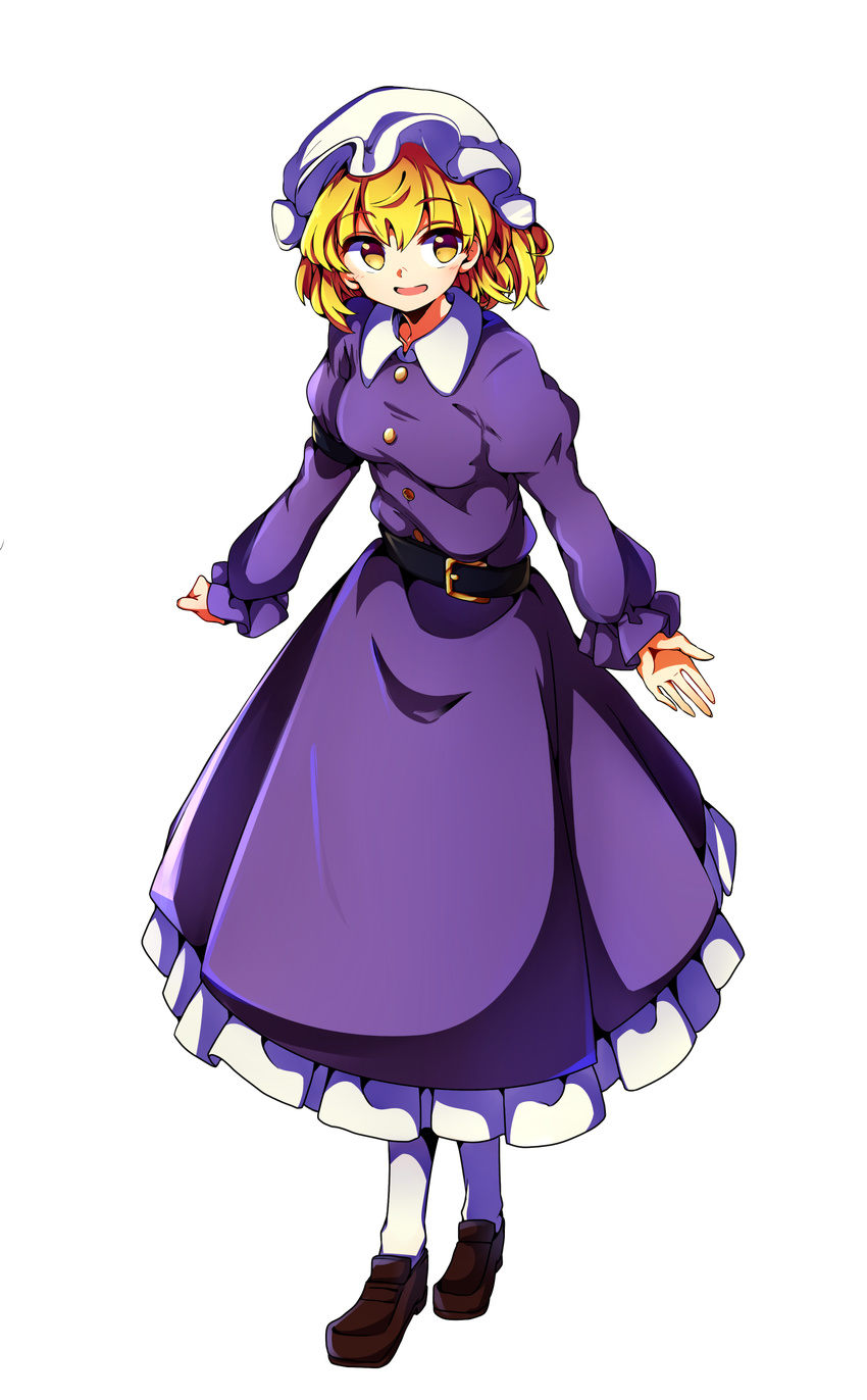 absurdres arms_at_sides baba_(baba_seimaijo) bangs belt blonde_hair blush breasts brown_footwear dress full_body hat highres juliet_sleeves loafers long_sleeves maribel_hearn medium_breasts mob_cap parted_lips puffy_sleeves purple_dress shoes short_hair smile solo standing tachi-e touhou transparent_background white_legwear yellow_eyes
