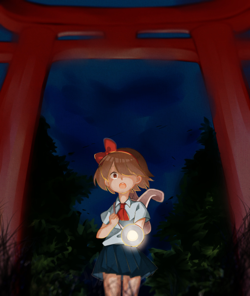 1girl bag bush flashlight forest grass hair_over_one_eye hair_ribbon highres looking_at_viewer nature night night_sky open_mouth outdoors pleated_skirt protagonist_(yomawari) red_ribbon ribbon sanma school_uniform shirt short_hair shoulder_bag skirt sky torii white_shirt yomawari yomawari:_night_alone