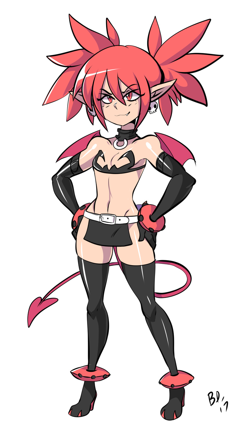 1girl bigdead93 choker disgaea elbow_gloves etna fang high_heel_boots red_eyes skirt tail thigh_boots twintails wing