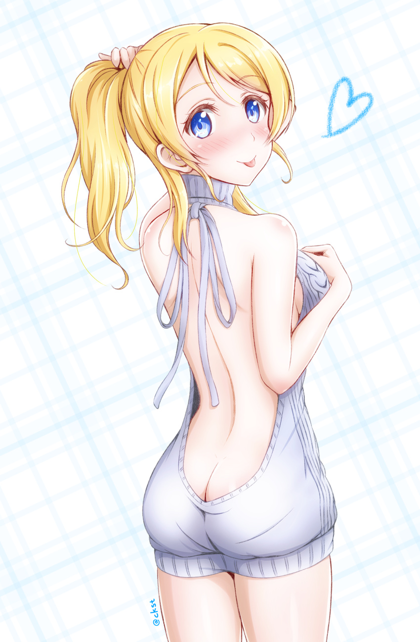 :p ass ayase_eli back backless_dress backless_outfit bare_back blonde_hair blue_eyes blush breasts bunching_hair butt_crack ckst commentary_request cowboy_shot dress grey_sweater hand_on_own_chest highres looking_at_viewer looking_back love_live! love_live!_school_idol_project medium_breasts meme_attire ponytail ribbed_sweater solo sweater sweater_dress tongue tongue_out twitter_username virgin_killer_sweater