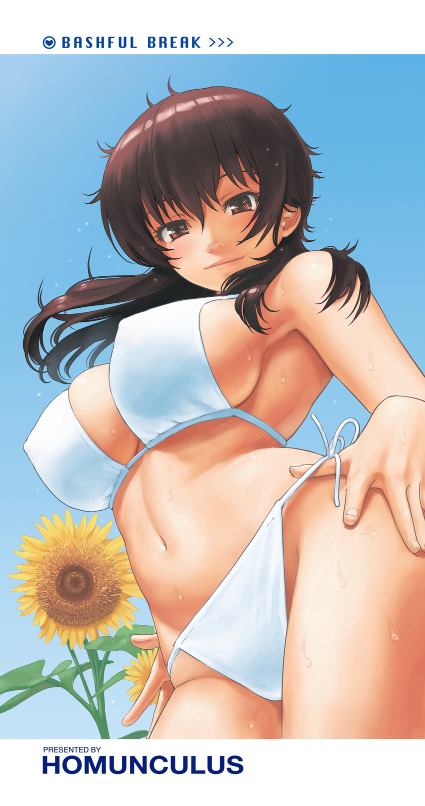 absurdres armpits artist_name bare_arms bare_shoulders bikini blue_sky blush breasts brown_hair closed_mouth covered_nipples cowboy_shot day flower from_below hajirai_break hands_on_hips heart highres homunculus_(artist) kouenji_natsume large_breasts long_hair looking_at_viewer looking_down original outdoors pink_lips plant ribbon side-tie_bikini sky smile solo sunflower swimsuit underboob water wet white_bikini white_ribbon