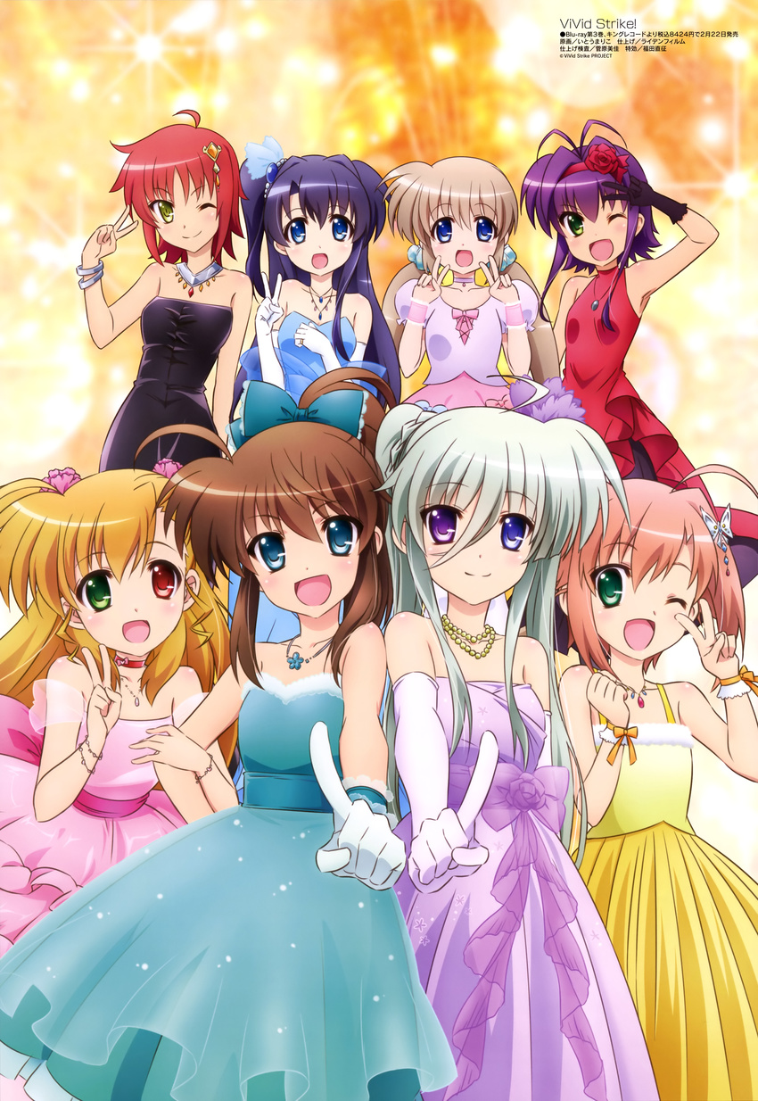 :d ;) ;d absurdres ahoge bare_shoulders black_dress black_gloves black_hair blonde_hair blue_dress blue_eyes bracelet brown_hair butterfly_hair_ornament choker collarbone corona_timir double_v dress einhart_stratos elbow_gloves flower fuuka_reventon gloves green_eyes green_hair hair_flower hair_ornament hair_scrunchie heterochromia highres itou_mariko jewelry long_hair lyrical_nanoha megami miura_rinaldi multiple_girls necklace nove_(nanoha) numbers_(nanoha) official_art one_eye_closed open_mouth pink_dress ponytail puffy_sleeves purple_dress purple_eyes purple_hair red_dress red_eyes red_hair rio_wezley scan scrunchie shiny shiny_hair short_hair short_sleeves side_ponytail sidelocks smile strapless strapless_dress twintails two_side_up v vivid_strike! vivio white_gloves wrist_cuffs yellow_dress yellow_eyes yumina_enclave