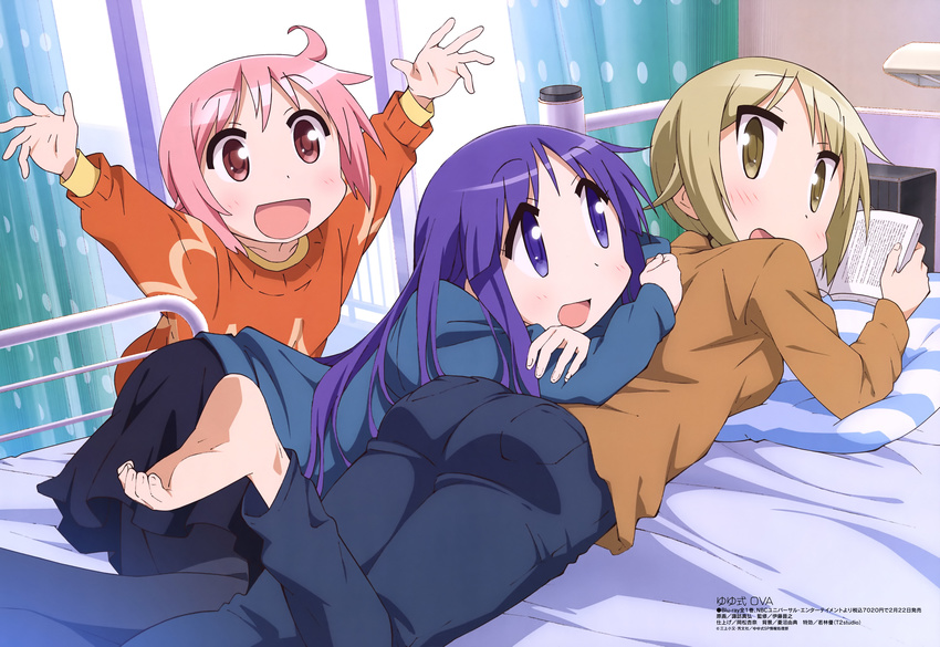 :d \o/ absurdres arms_up ass barefoot blonde_hair casual denim highres hinata_yukari ichii_yui jeans lying megami multiple_girls nonohara_yuzuko official_art open_mouth outstretched_arms pants pink_hair purple_hair smile suwa_masahiro sweater toe_scrunch yuyushiki