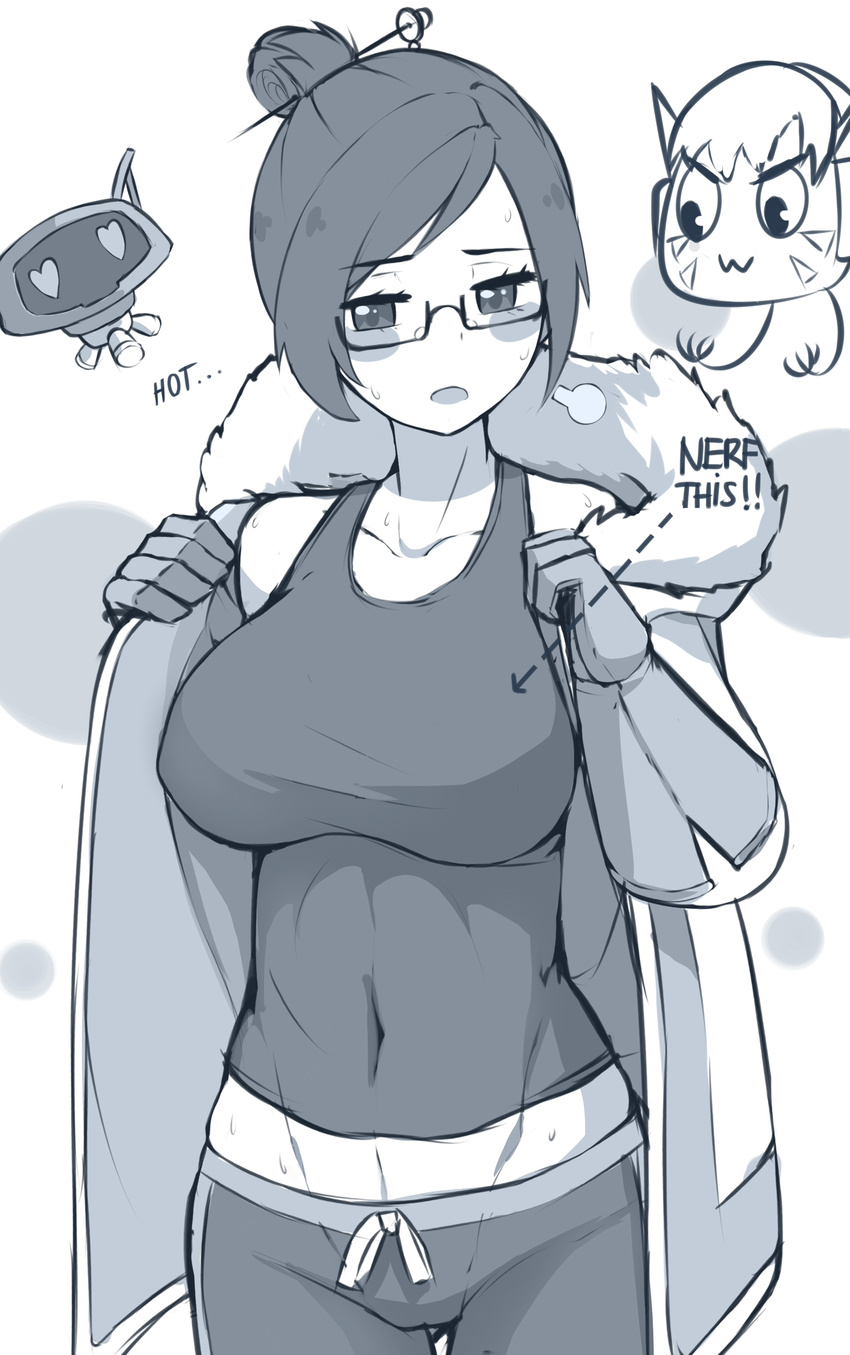 :3 absurdres breast_envy breasts cameltoe cleavage coat collarbone commentary covered_navel cowboy_shot d.va_(gremlin) d.va_(overwatch) drone facial_mark floating fur_coat fur_trim glasses gloves hair_bun hair_ornament hair_stick headphones hentaki highres hot large_breasts looking_at_another looking_at_breasts looking_at_viewer mei_(overwatch) midriff monochrome multiple_girls overwatch parted_lips robot shirt short_hair simple_background sketch smile snowball_(overwatch) solo_focus sweat tank_top taut_clothes taut_shirt undressing v-shaped_eyebrows whisker_markings white_background