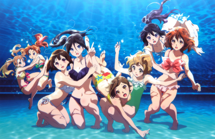 :d :t absurdres ahoge arm_up barefoot bikini bikini_skirt black_bikini black_hair blue_bikini blue_eyes breasts brown_eyes brown_hair casual_one-piece_swimsuit cleavage collarbone fighting floating_hair frilled_bikini frills green_swimsuit hair_between_eyes hibike!_euphonium highres huge_filesize ikeda_shouko katou_hazuki kawashima_sapphire kneeling kousaka_reina long_hair looking_at_viewer medium_breasts mole mole_under_eye multiple_girls nakagawa_natsuki nakaseko_kaori navel official_art one-piece_swimsuit one_knee open_mouth oumae_kumiko polka_dot polka_dot_bikini ponytail pool purple_eyes red_bikini short_hair side-tie_bikini small_breasts smile stomach strapless strapless_bikini swimsuit tanaka_asuka twintails underwater v white_bikini yellow_bikini yoshikawa_yuuko