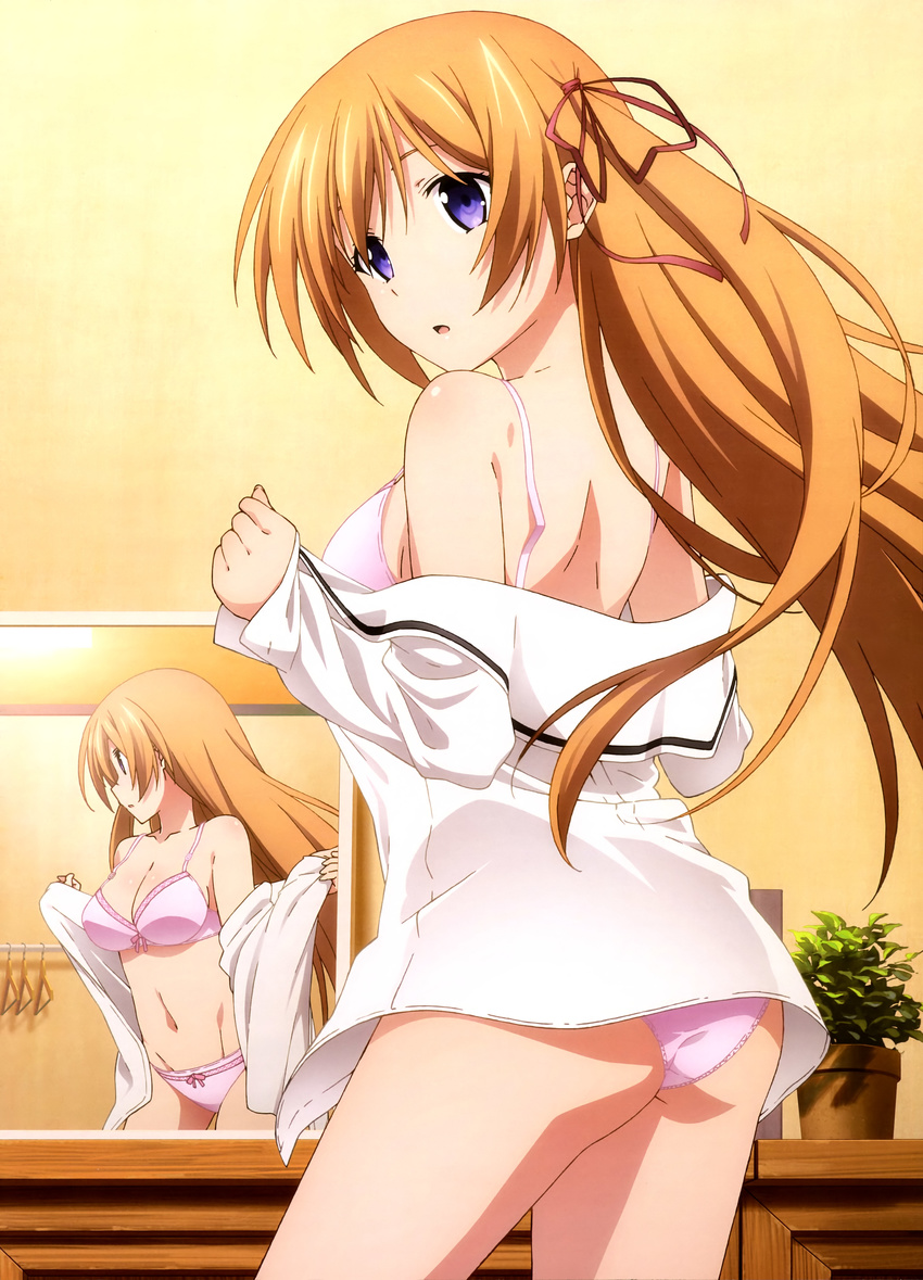 absurdres ass blue_eyes bow bow_bra bow_panties bra breasts chaos;child cleavage cowboy_shot floating_hair groin hair_ribbon highres indoors kurusu_nono long_hair looking_back medium_breasts mirro navel nyantype open_clothes open_shirt orange_hair panties parted_lips pink_bow pink_bra pink_panties red_ribbon ribbon shirt sideboob solo standing stomach underwear undressing white_shirt