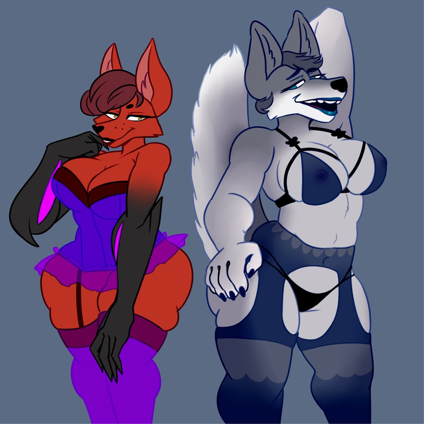 2017 anthro areola big_breasts black_nose breasts canine cleavage clothed clothing crossgender duo female fox fur grey_fur grey_hair grin hair hand_on_hip hi_res inner_ear_fluff jameskii_(character) legwear lingerie lipstick makeup mammal navel nipples panties pointy_ears pyrocynical red_fur red_hair short_hair simple_background stickyhunter thick_thighs tight_clothing translucent transparent_clothing underwear wolf