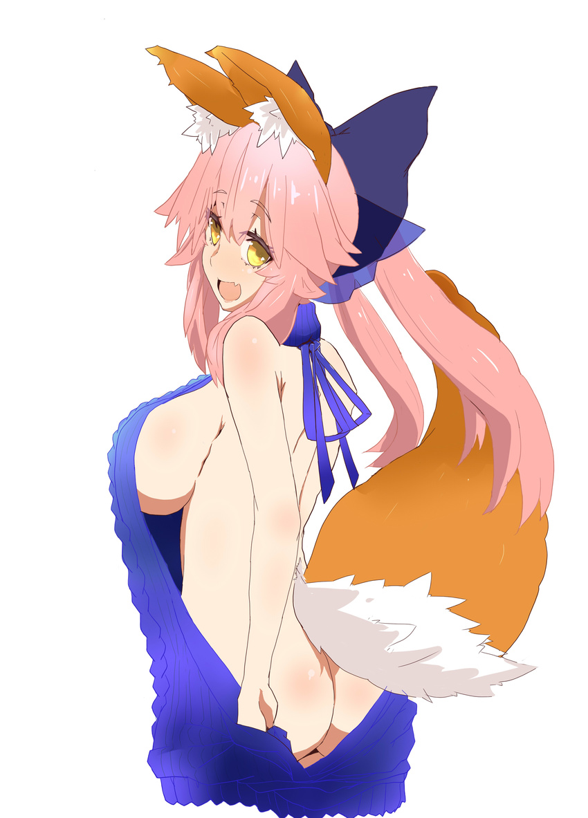 absurdres animal_ears ass back backless_dress backless_outfit bare_back bare_shoulders breasts butt_crack dress fang fate/extella fate/extra fate_(series) fox_ears fox_tail from_behind halterneck highres large_breasts looking_at_viewer looking_back meme_attire naked_sweater open_mouth pink_hair sideboob simple_background solo sweater sweater_dress tail tamamo_(fate)_(all) tamamo_no_mae_(fate) turtleneck turtleneck_sweater virgin_killer_sweater white_background yellow_eyes