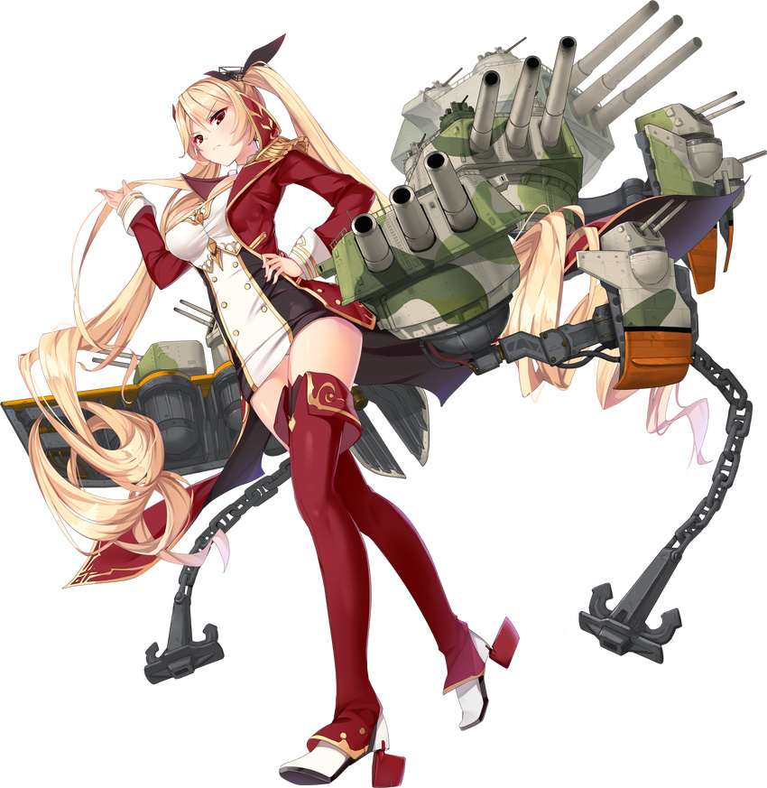 anchor azur_lane bangs black_ribbon blonde_hair blush breasts buttons camouflage chain closed_mouth dress drill_hair epaulettes eyebrows eyebrows_visible_through_hair eyes_visible_through_hair frown full_body hair_between_eyes hair_ribbon hand_on_hip highres jacket kaede_(003591163) large_breasts long_hair long_sleeves machinery microdress military military_uniform nelson_(azur_lane) official_art open_clothes open_jacket panties pantyshot pantyshot_(standing) red_eyes red_jacket red_legwear ribbon rudder_shoes short_dress solo standing tachi-e thighhighs tight tight_dress transparent_background tsurime twin_drills twintails underwear uniform very_long_hair walking white_footwear white_panties