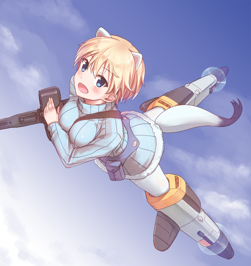 animal_ears belt between_breasts blonde_hair blue_eyes blue_sky blush brave_witches breasts cloud day ermine_ears ermine_tail eyebrows_visible_through_hair flying full_body fur_trim gun highres konnyaku_(kk-monmon) looking_at_viewer machine_gun nikka_edvardine_katajainen open_mouth pantyhose pouch ribbed_sweater short_hair sky solo strap_cleavage striker_unit sweater tail turtleneck turtleneck_sweater weapon white_legwear world_witches_series