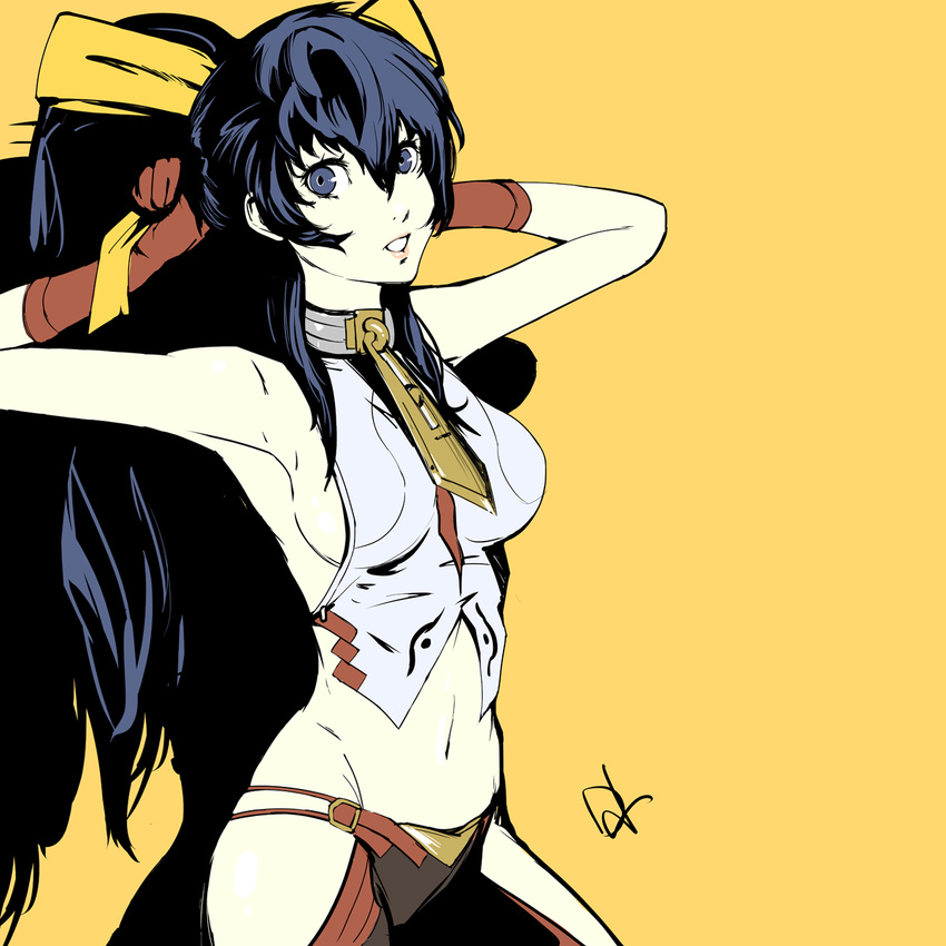adjusting_hair alternate_hair_length alternate_hairstyle black_pants blazblue blue_eyes blue_hair bow breasts choker commentary cosplay cowboy_shot creator_connection dh_(brink_of_memories) gloves hair_between_eyes hair_ribbon halter_top halterneck highres hips impossible_clothes large_breasts long_hair looking_at_viewer lowleg lowleg_pants mai_natsume mai_natsume_(cosplay) midriff navel no_bra no_panties pants persona persona_4 persona_x_detective ponytail red_gloves revealing_clothes ribbon shirogane_naoto sideboob simple_background yellow_bow