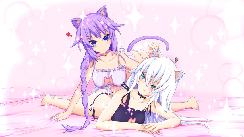 2girls all_fours animal_ears annoyed ass bare_shoulders barefoot bikini black_heart blue_eyes blush bra braid breasts cat_ears cat_keyhole_bra cat_tail choujigen_game_neptune compile_heart cundodeviant green_eyes heart idea_factory lingerie long_hair lying multiple_girls nail_polish neptune_(choujigen_game_neptune) neptune_(series) noire purple_hair purple_heart shiny shiny_hair shiny_skin single_braid tail thong underwear very_long_hair white_hair