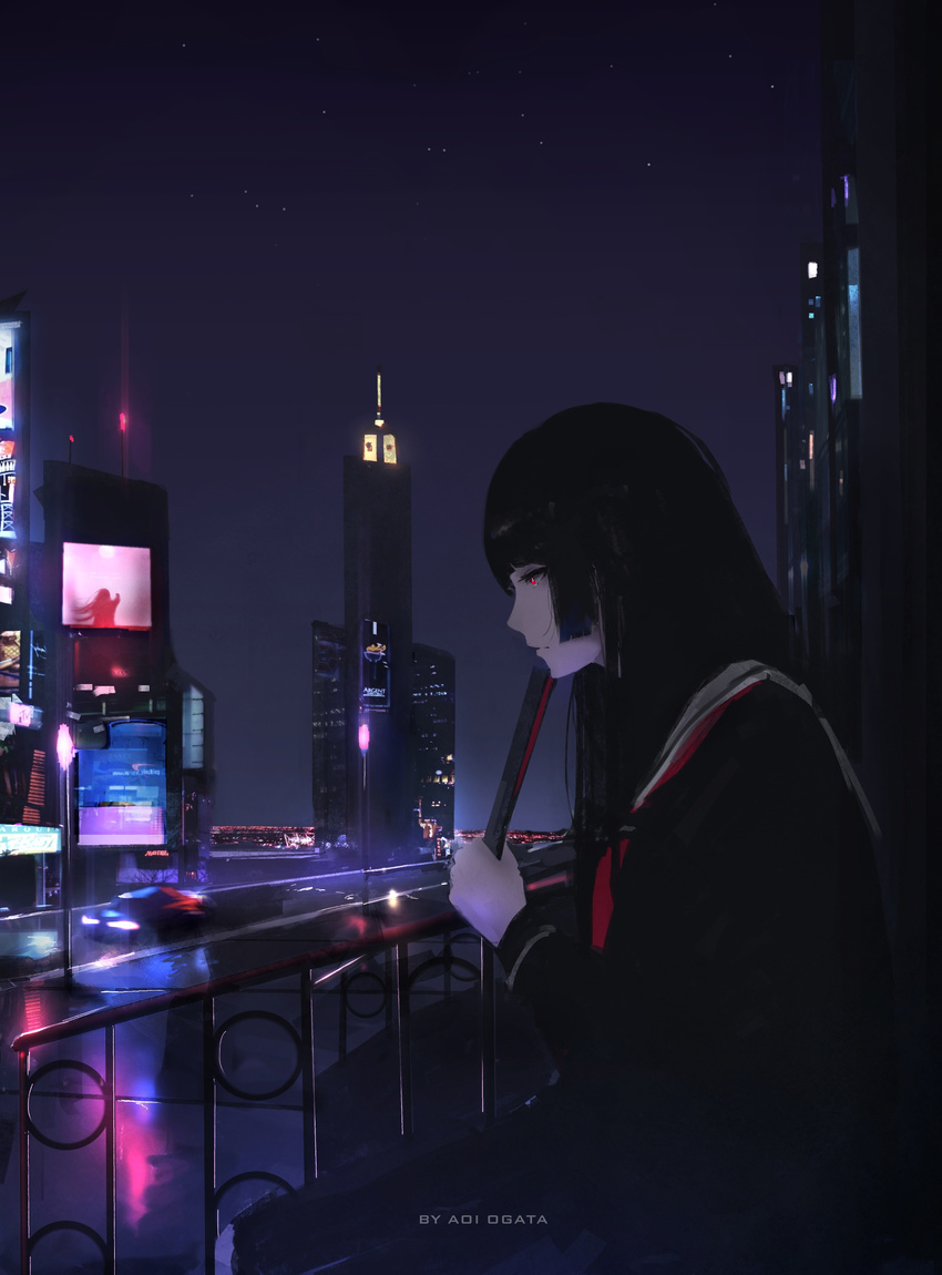 absurdres aoi_ogata artist_name bangs black_hair black_serafuku black_skirt blunt_bangs building car city city_lights cityscape enma_ai fan folding_fan ground_vehicle highres hime_cut holding holding_fan jigoku_shoujo long_hair long_sleeves motor_vehicle neckerchief night night_sky outdoors railing red_eyes sailor_collar school_uniform serafuku skirt sky skyscraper solo star_(sky)