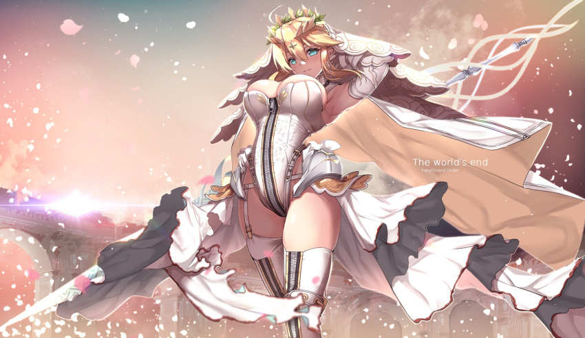 1girl ahoge armpits artoria_pendragon_(lancer) bangs belt blonde_hair blush bodysuit breasts bridal_veil chains cleavage eyebrows_visible_through_hair fate/extra fate/extra_ccc fate/grand_order fate_(series) flower full-length_zipper garter_straps gloves green_eyes highres large_breasts leotard lock long_hair looking_at_viewer medium_breasts nero_claudius_(bride)_(fate) nero_claudius_(fate) nero_claudius_(fate)_(all) open_clothes open_skirt outdoors padlock petals polearm single_thighhigh skindentation skirt smile solo spear thighhighs untsue veil weapon white_footwear white_gloves white_legwear white_skirt wind wind_lift zipper zipper_footwear