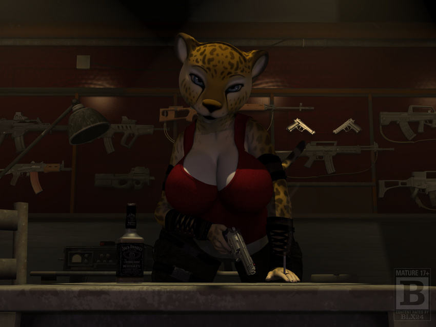 2017 3d_(artwork) alcohol anthro beverage big_breasts blue_eyes blx24 bottle breasts brown_fur cheetah cleavage clothed clothing digital_media_(artwork) feline female fur gun hi_res inside mammal pants ranged_weapon rifle shirt solo spots standing tight_clothing weapon whiskey yellow_fur