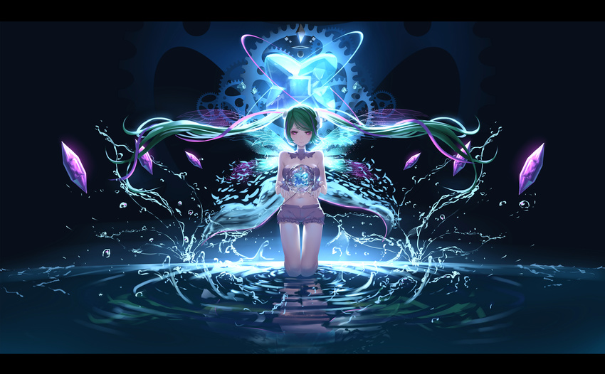 absurdres aqua_hair bad_id bad_pixiv_id breasts detached_collar fingerless_gloves gears gloves hatsune_miku highres hk_(hk) kneeling letterboxed long_hair medium_breasts midriff navel red_eyes ripples short_shorts shorts solo twintails vocaloid