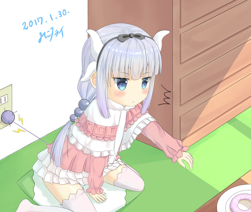 1girl bangs beads blue_eyes blunt_bangs capelet commentary dated doughnut electric_socket food frilled_skirt frills hair_beads hair_ornament hairband highres horns kanna_kamui kobayashi-san_chi_no_maidragon low_twintails miko_fly plate plug reaching_out recharging silver_hair sitting skirt solo thighhighs tsurime twintails wariza white_legwear white_skirt