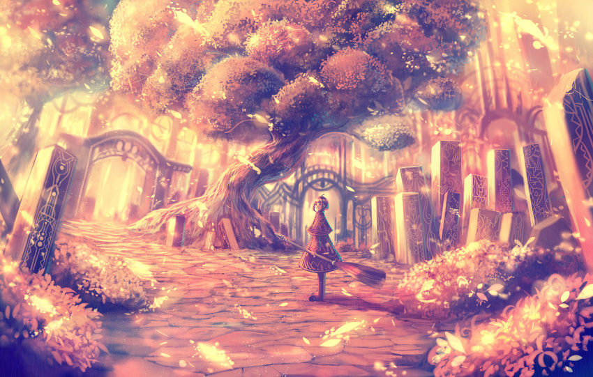 ahoge broom building dress fantasy flower gate highres light_particles original path petals road sakimori_(hououbds) scenery short_hair solo tree