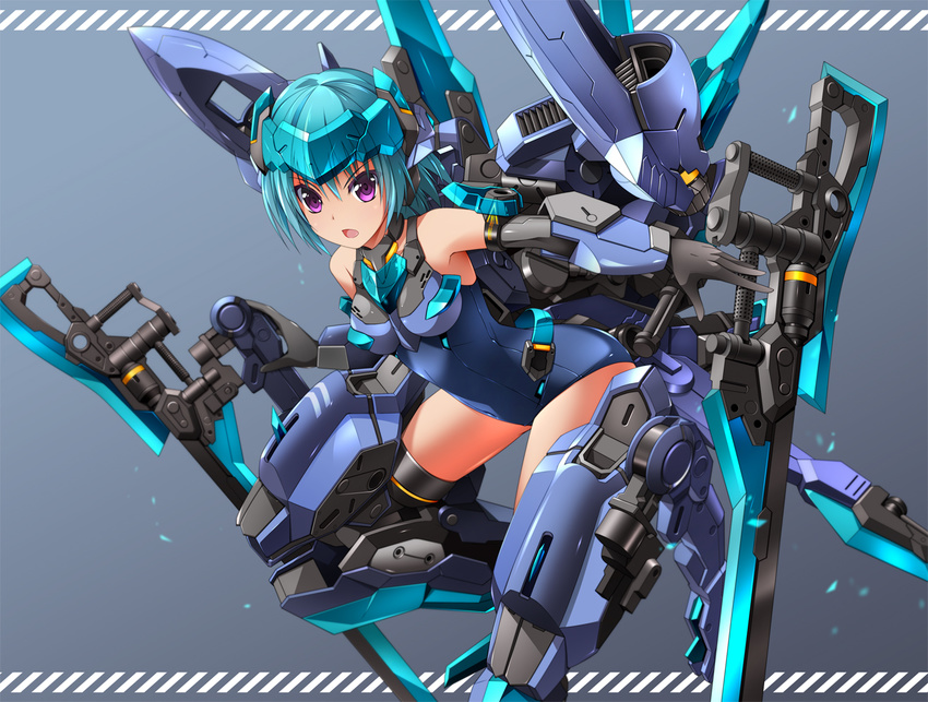 :o armor bangs bare_shoulders black_gloves blue_background blue_hair blue_legwear blue_leotard breasts covered_navel elbow_gloves eyebrows frame_arms_girl gloves gradient gradient_background headgear hresvelgr leg_armor leotard machinery mecha_musume medium_breasts open_mouth purple_eyes simple_background skin_tight sleeveless solo standing standing_on_one_leg sword thrusters weapon zb