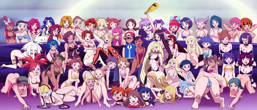 1boy 6+girls araragi_(pokemon) asuna_(pokemon) ayako_(pokemon) black_hair blonde_hair blue_hair bra breasts brown_hair fuuro_(pokemon) hanako_(pokemon) harem haruka_(pokemon) hikari_(pokemon) kamitsure_(pokemon) kasumi_(pokemon) large_breasts lillie_(pokemon) lusamine_(pokemon) mao_(pokemon) multiple_girls nintendo nude panties pink_hair pokemon purple_hair red_hair saki_(pokemon) short_hair side_ponytail small_breasts suiren_(pokemon) suzuna_(pokemon) very_long_hair vibrator yxyyxy