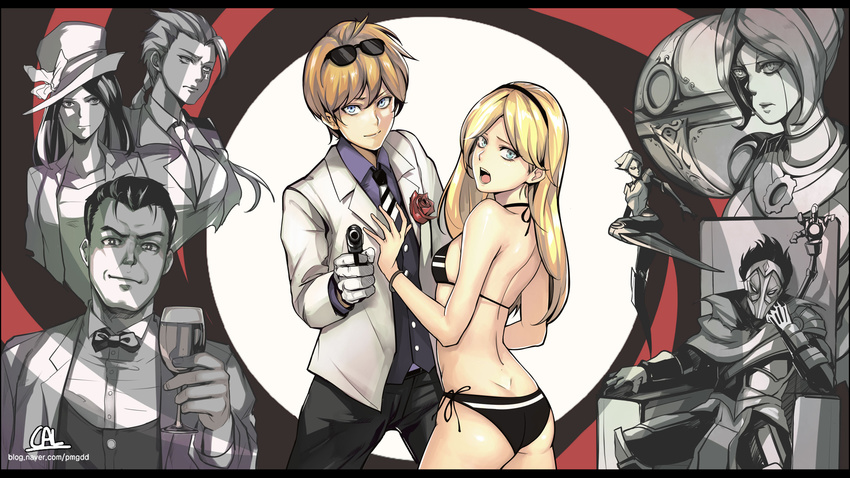 5girls :o aiming_at_viewer alternate_costume ass bikini black_bikini blonde_hair blue_eyes bow bowtie breasts caitlyn_(league_of_legends) cal_(pmgdd) camille_ferros chair commentary cup cyborg drinking_glass extra_arms eyewear_on_head ezreal flower gloves gun hairband handgun hat highres james_bond_(series) jayce league_of_legends long_hair luxanna_crownguard mask mechanical_arm multiple_boys multiple_girls necktie orianna_reveck parody partially_colored pistol robot rose signature sitting small_breasts sunglasses swimsuit tuxedo vi_(league_of_legends) viktor_(league_of_legends) watermark weapon web_address white_gloves wine_glass