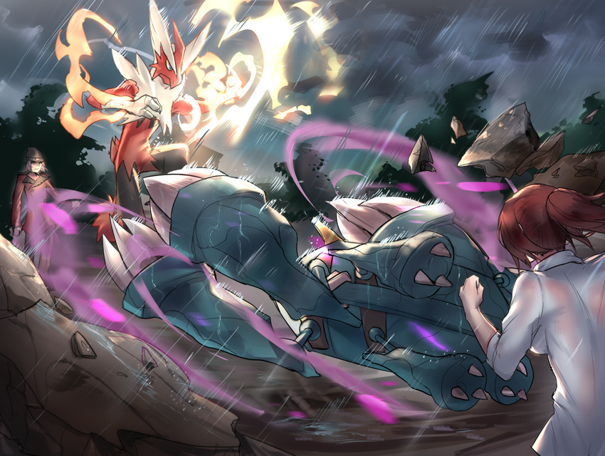 1girl battle beanie blaziken brown_hair claws clenched_hand cloud cloudy_sky coat fire from_behind gen_3_pokemon grey_sky hat looking_at_another mega_blaziken mega_metagross mega_pokemon metagross multiple_arms outdoors pants pokemon pokemon_(creature) pokemon_(game) ponytail rain rock ryairyai shirt sky wet wet_clothes wet_shirt