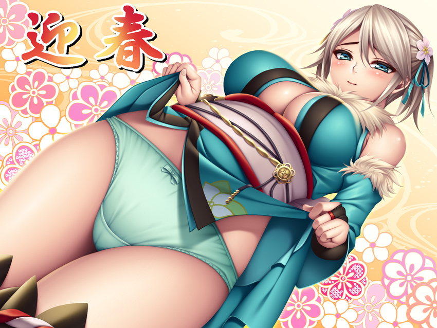 aqua_panties bare_shoulders blue_eyes blush bow bow_panties breasts bridal_gauntlets ciel_alencon clothes_lift commentary_request detached_sleeves flower from_below fur_trim god_eater god_eater_2:_rage_burst hair_flower hair_ornament hair_ribbon highres japanese_clothes kimono kimono_lift large_breasts looking_down obi panties ribbon sash short_hair short_twintails silver_hair smile solo twintails underwear watanuki_kaname
