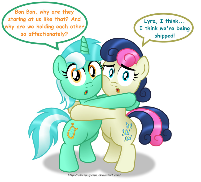 2017 aleximusprime alpha_channel amber_eyes blue_eyes bonbon_(mlp) cutie_mark dialogue duo earth_pony english_text equine female feral friendship_is_magic fur green_fur hair hi_res horn horse hug looking_at_viewer lyra_heartstrings_(mlp) mammal multicolored_hair my_little_pony pony simple_background text transparent_background two_tone_hair unicorn