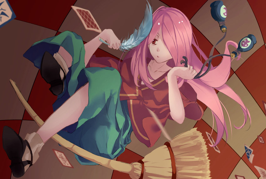 alternate_hair_color alternate_skin_color bottle broom capelet checkered checkered_background cork dutch_angle feathers hair_over_one_eye highres karasen little_witch_academia long_hair pink_hair red_eyes solo sucy_manbavaran